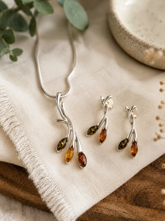 Jewelry - Sterling Silver Baltic Amber Necklace & Stud Earrings Set Botanical Leaf 925